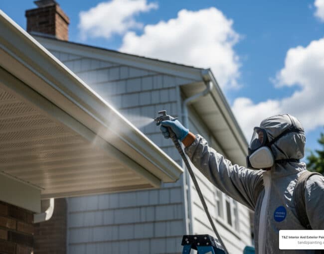 spray painting eaves of house