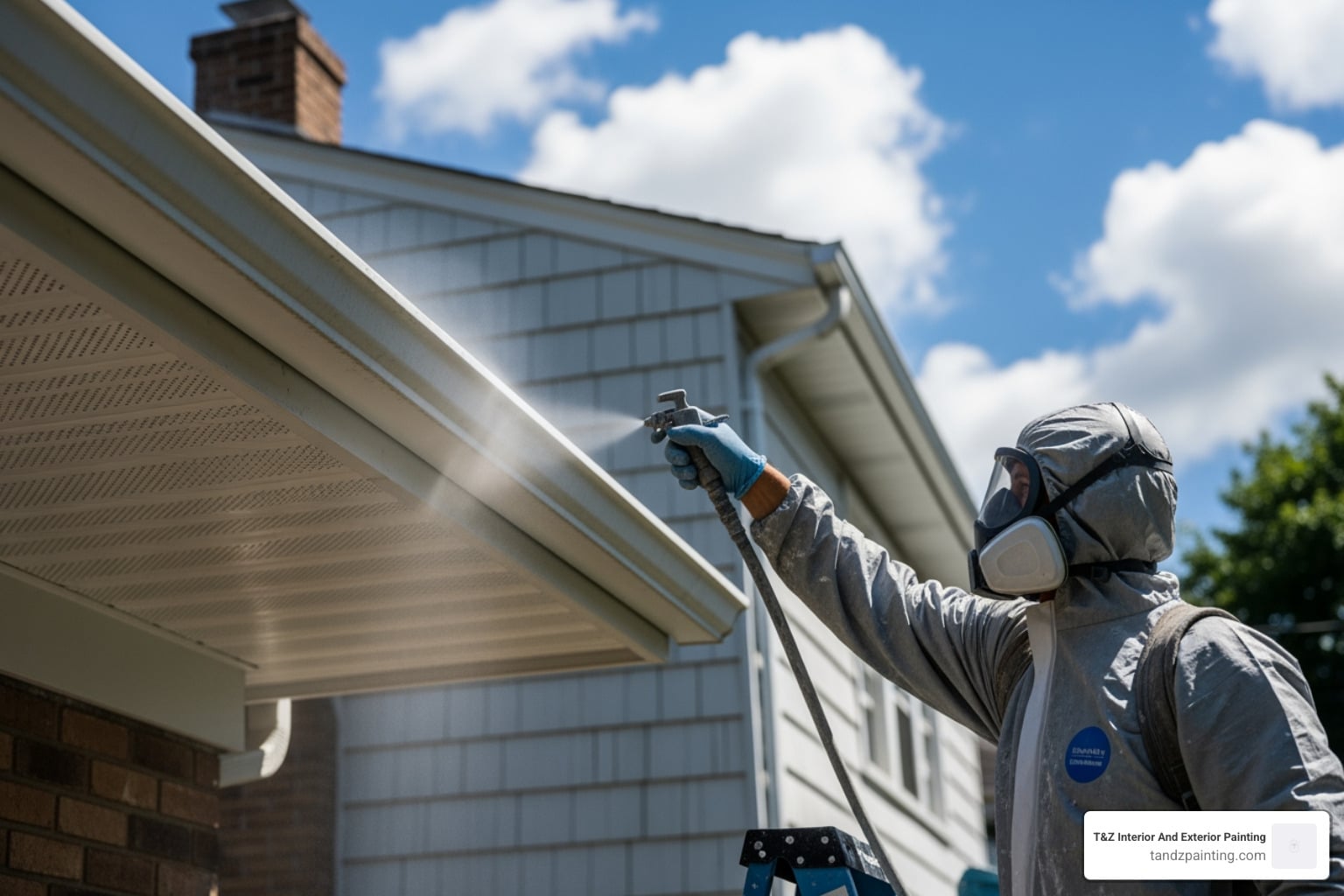 spray painting eaves of house
