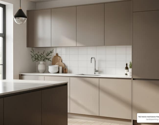 taupe painted kitchen cabinets