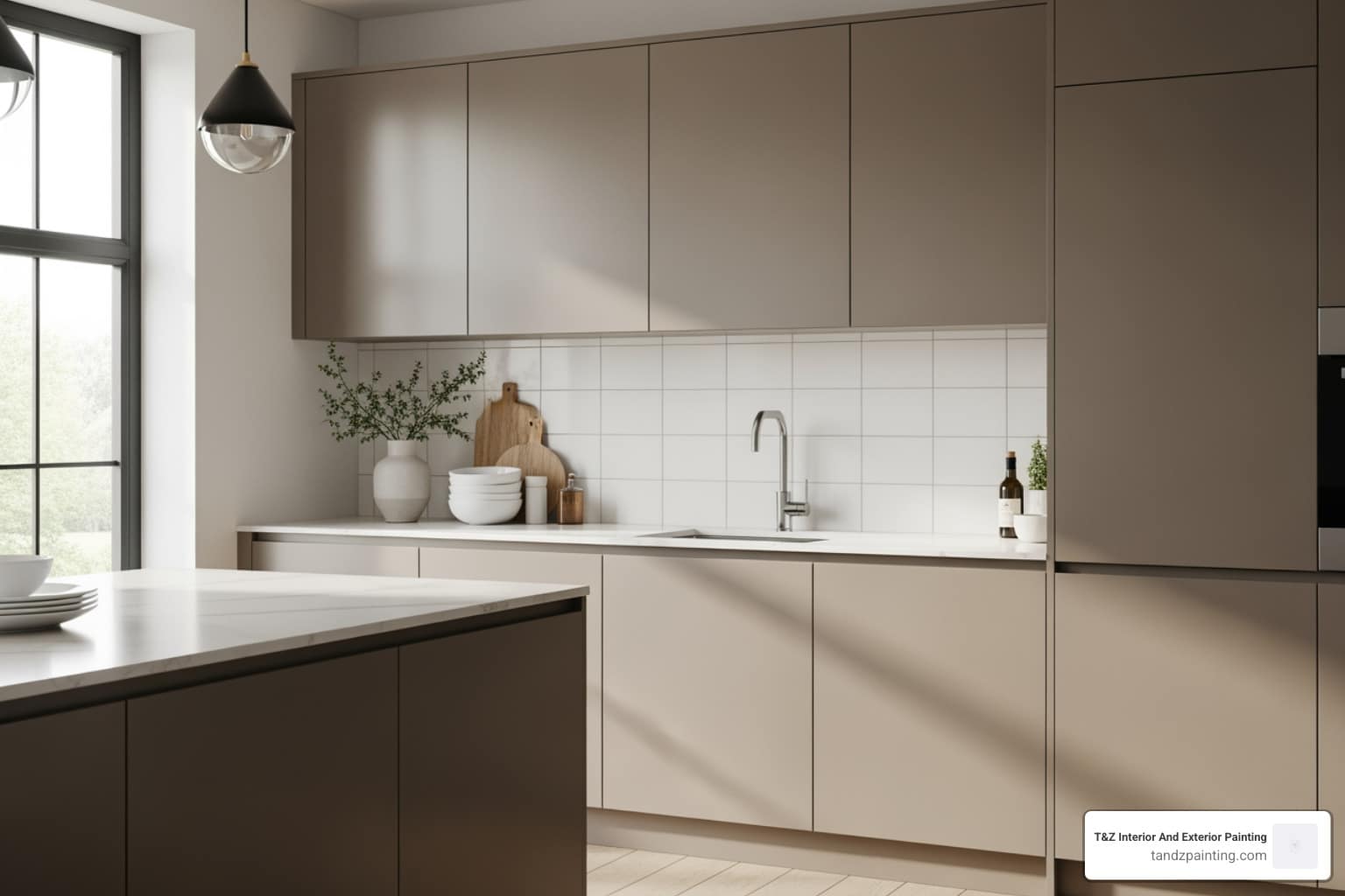 taupe painted kitchen cabinets