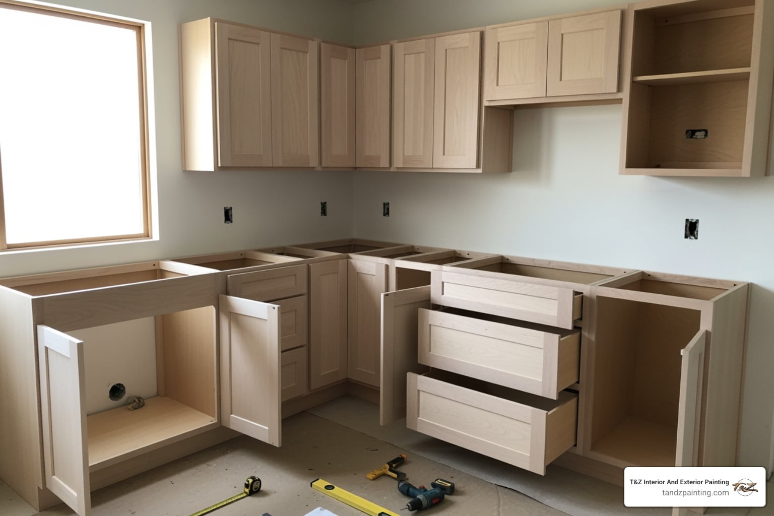 bare wood cabinets