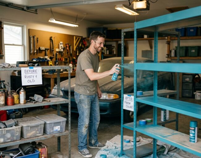 spray painting metal shelves