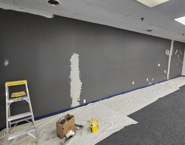 A room is being painted, with a ladder and painting supplies on drop cloths.