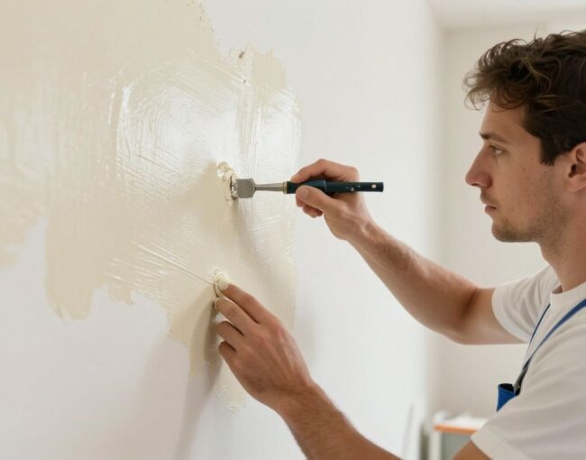 A professional house painter using tools to carefully prepare a residential wall for painting in a clean, well-lit home in Lombard, showcasing focus on craftsmanship and surface prep.