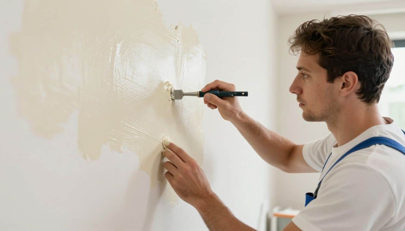 A professional house painter using tools to carefully prepare a residential wall for painting in a clean, well-lit home in Lombard, showcasing focus on craftsmanship and surface prep.