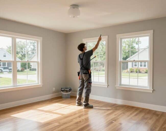 A professional house painter from T&Z Interior And Exterior Painting performing detailed surface preparation on a residential project in Lombard, illustrating quality craftsmanship.