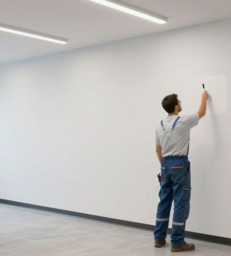 A professional commercial painter expertly painting the interior of a clean, modern office building in Lombard, Illinois.
