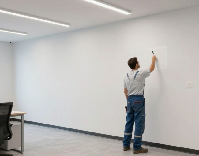 A professional commercial painter expertly painting the interior of a clean, modern office building in Lombard, Illinois.
