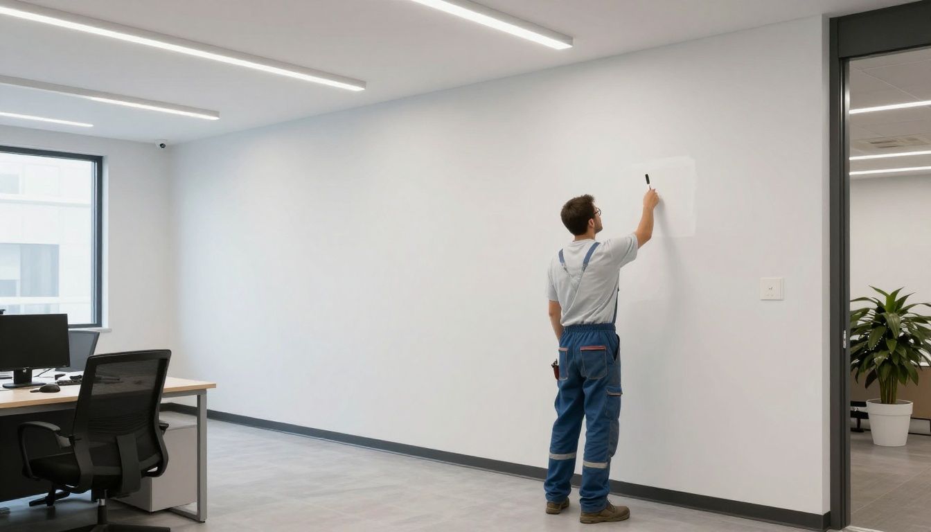 A professional commercial painter expertly painting the interior of a clean, modern office building in Lombard, Illinois.