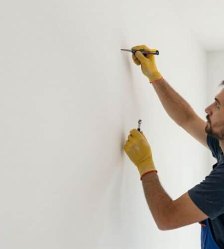 A professional house painter working carefully with precision tools on a residential wall in a bright, clean room.