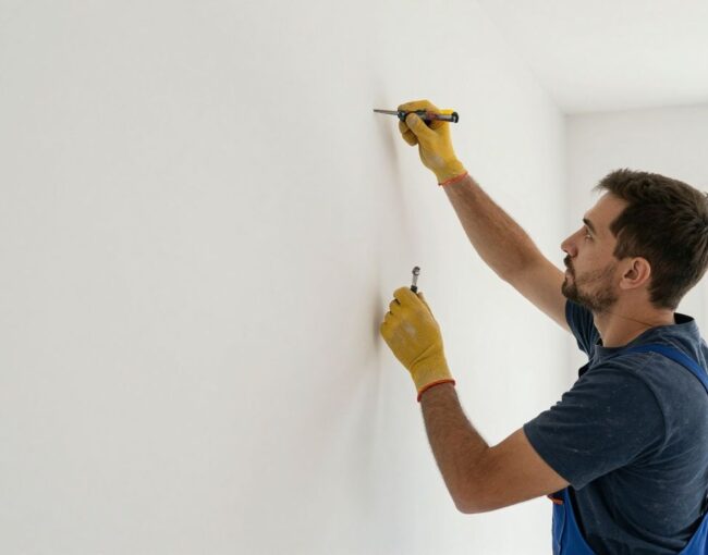 A professional house painter working carefully with precision tools on a residential wall in a bright, clean room.