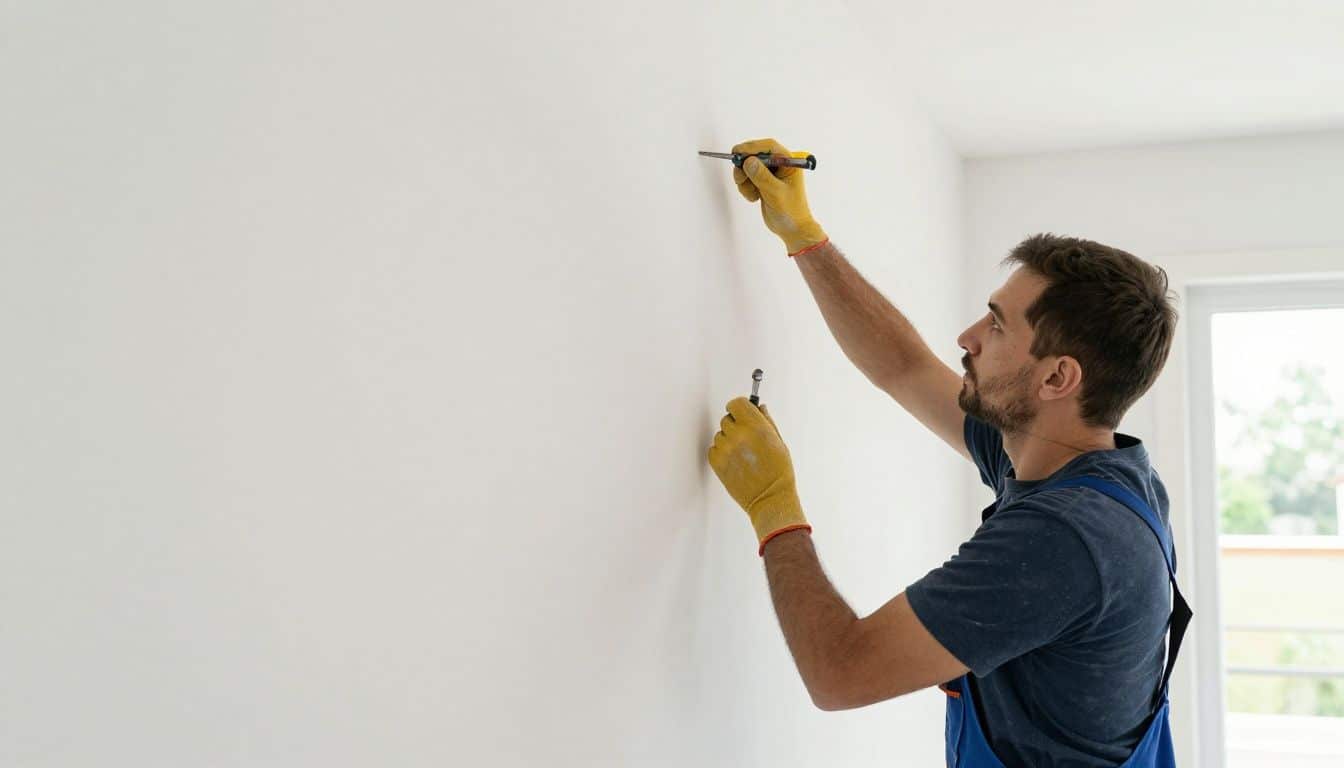 A professional house painter working carefully with precision tools on a residential wall in a bright, clean room.