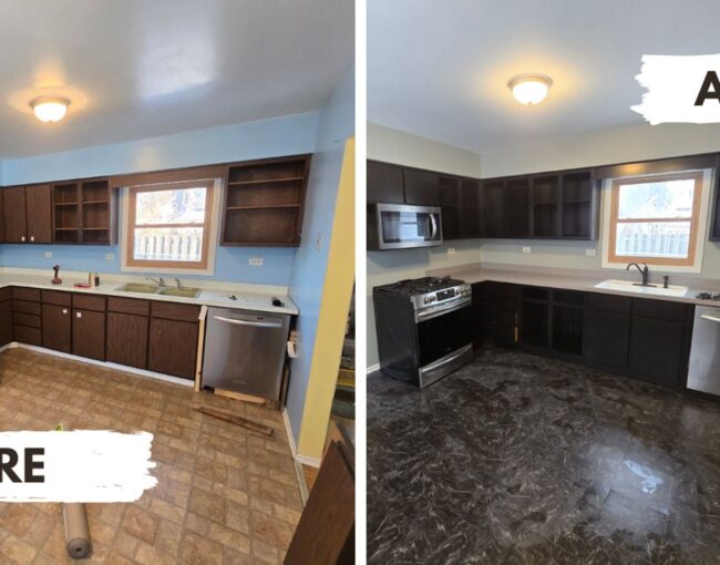 Kitchen renovation before and after, dark cabinets, new flooring.