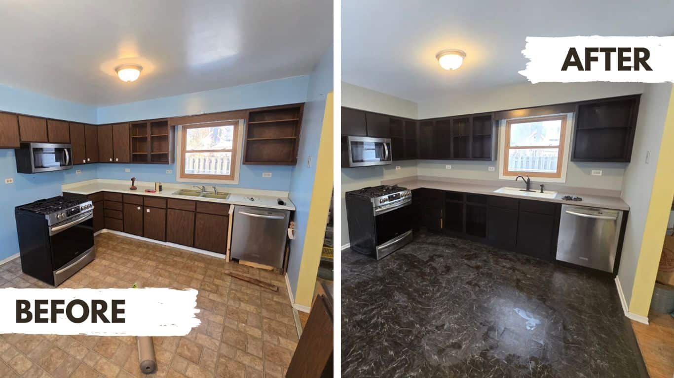 Kitchen renovation before and after, dark cabinets, new flooring.