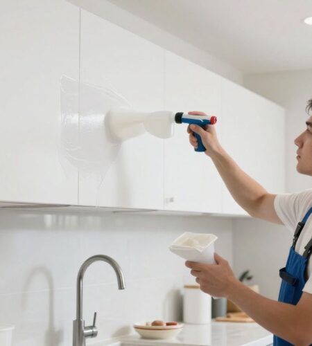 A professional painter from T&Z Interior And Exterior Painting carefully spraying a high-quality finish onto modern kitchen cabinets in a bright, clean Chicagoland kitchen.