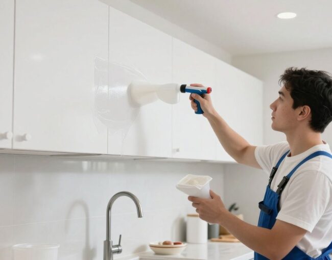 A professional painter from T&Z Interior And Exterior Painting carefully spraying a high-quality finish onto modern kitchen cabinets in a bright, clean Chicagoland kitchen.
