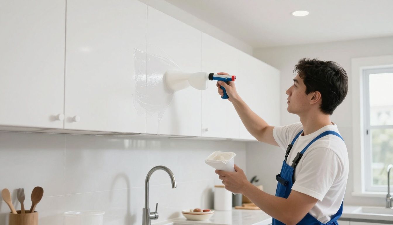 A professional painter from T&Z Interior And Exterior Painting carefully spraying a high-quality finish onto modern kitchen cabinets in a bright, clean Chicagoland kitchen.