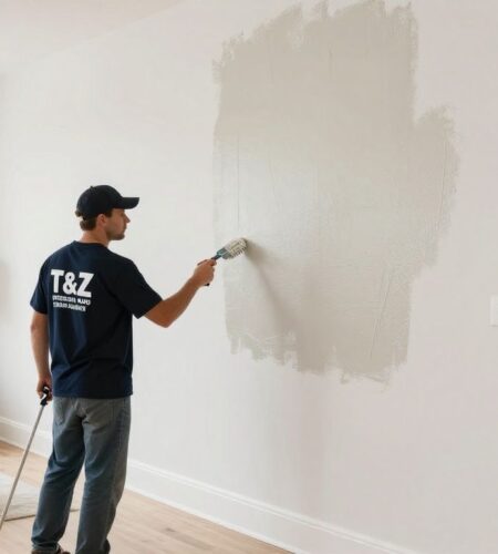 A professional painter wearing a T&Z Interior And Exterior Painting shirt carefully applying paint to a high-quality residential interior wall in a bright, modern living room.