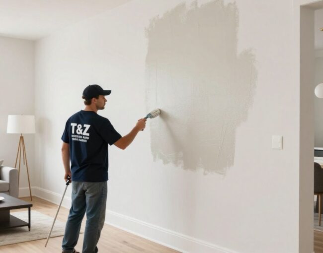 A professional painter wearing a T&Z Interior And Exterior Painting shirt carefully applying paint to a high-quality residential interior wall in a bright, modern living room.