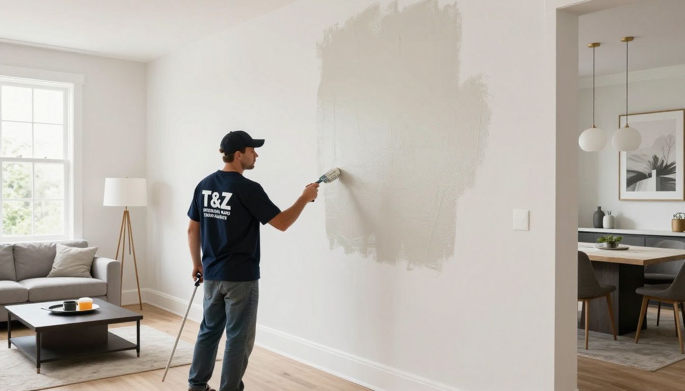 A professional painter wearing a T&Z Interior And Exterior Painting shirt carefully applying paint to a high-quality residential interior wall in a bright, modern living room.