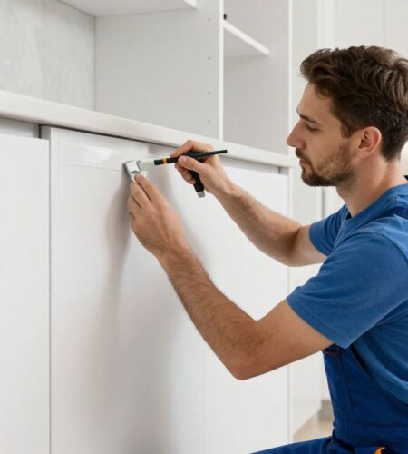 A professional painter meticulously applying a smooth, premium finish to modern kitchen cabinets in a bright, clean home.