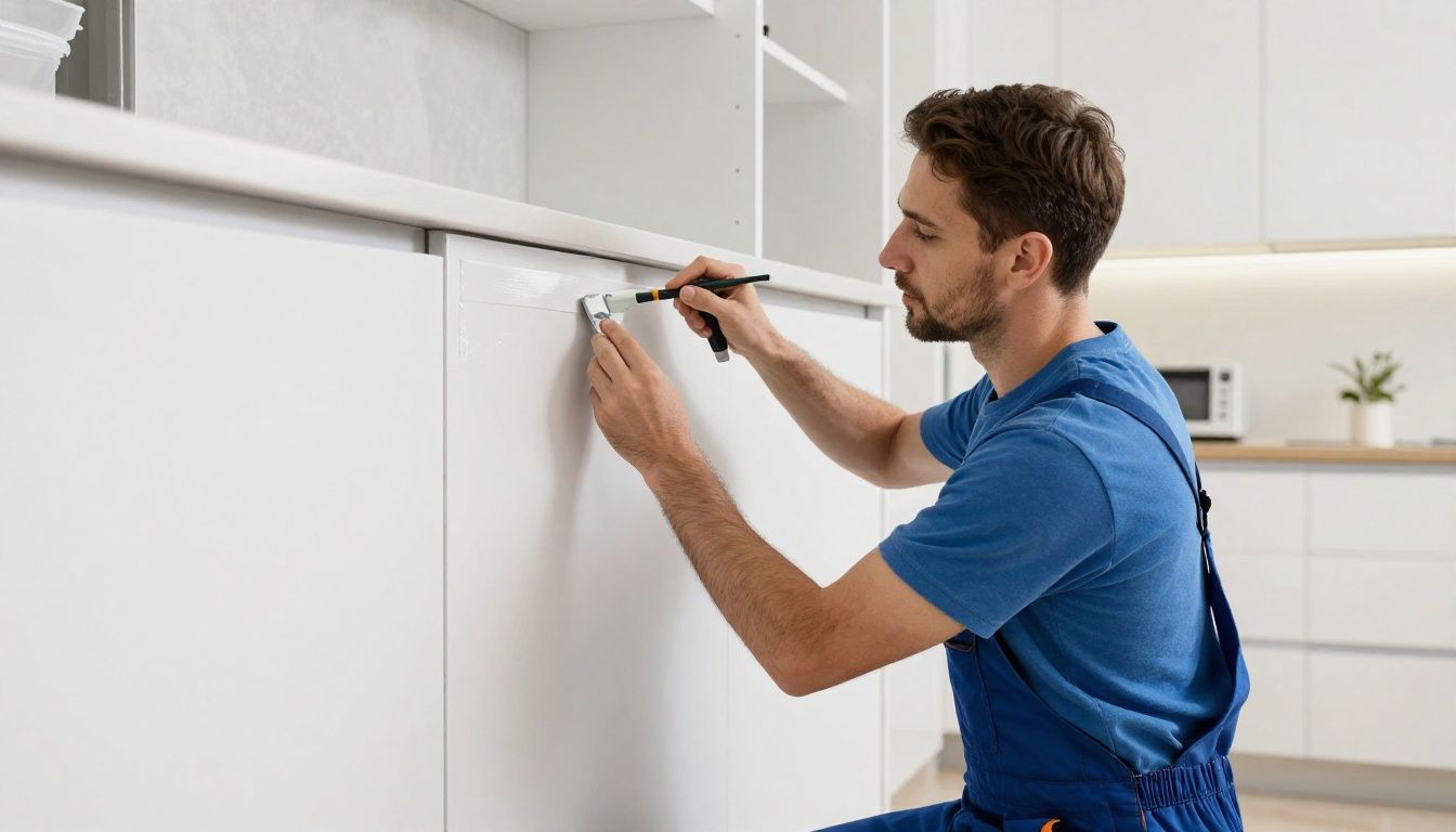 A professional painter meticulously applying a smooth, premium finish to modern kitchen cabinets in a bright, clean home.