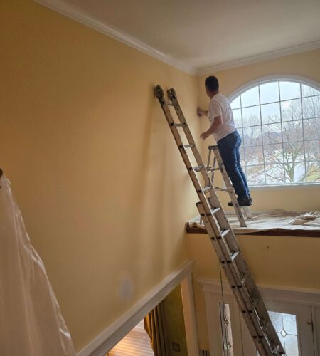 A professional painter working on an interior wall