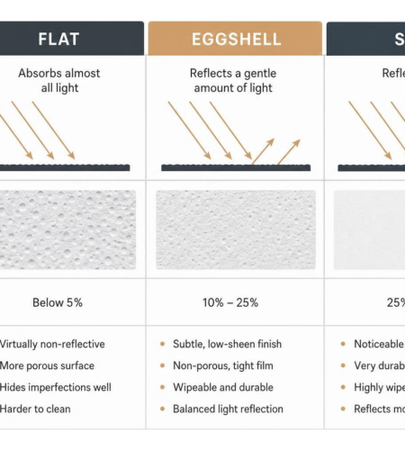 Comparison of flat, eggshell, and satin surface textures under light