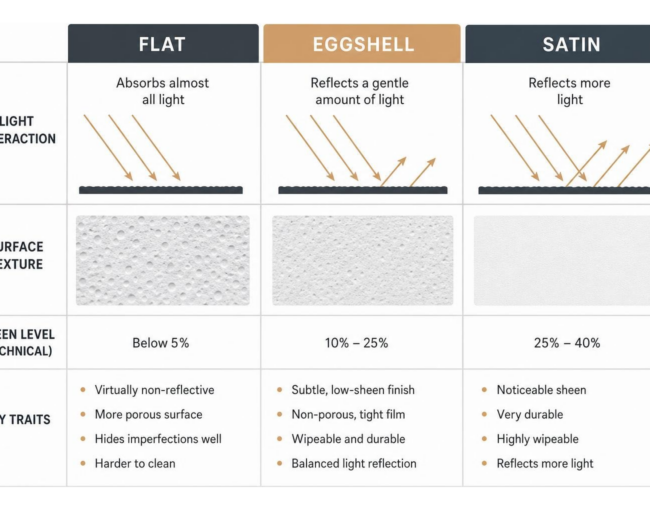 Comparison of flat, eggshell, and satin surface textures under light