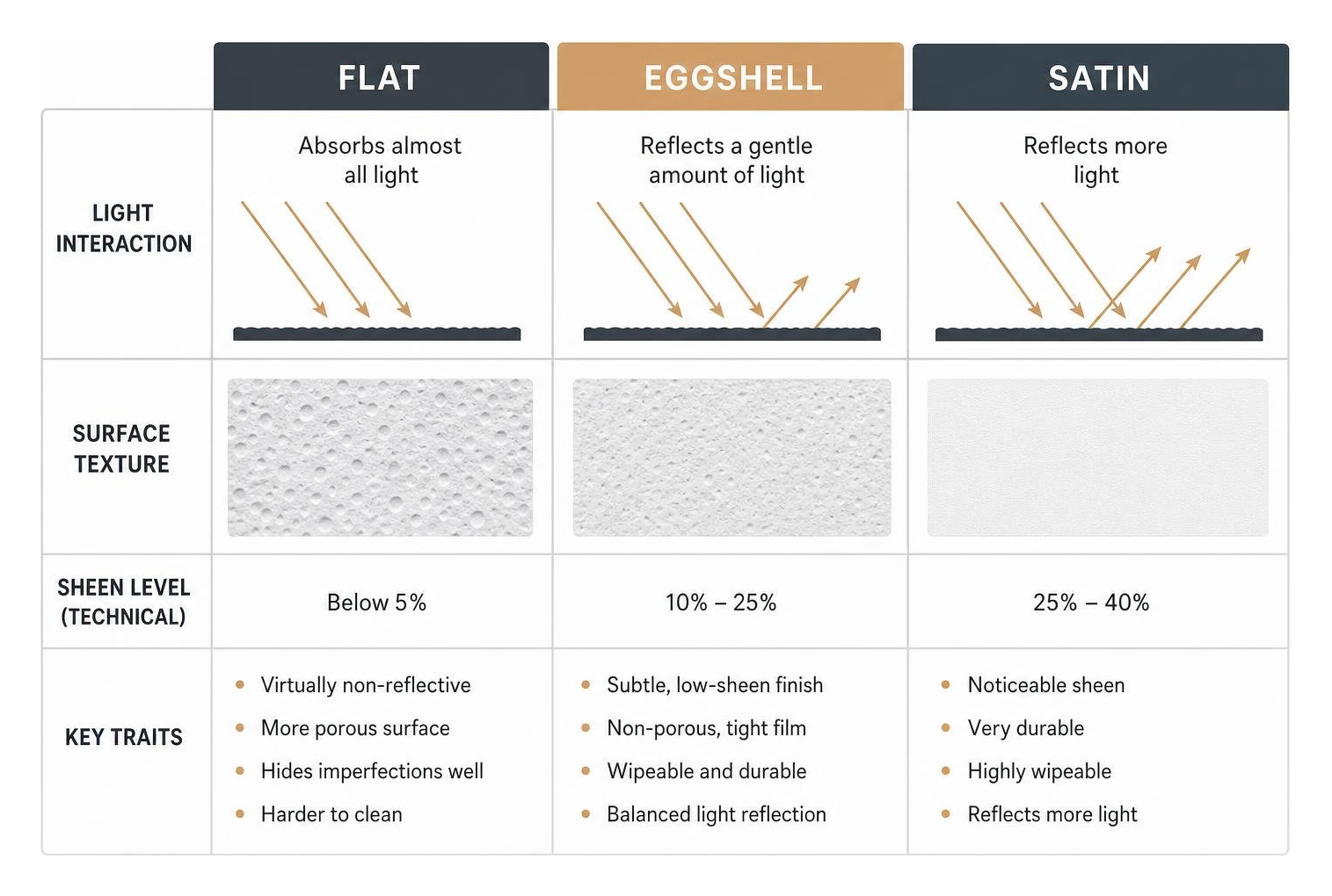 Comparison of flat, eggshell, and satin surface textures under light