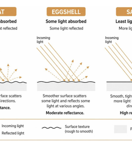 Diagram showing how flat, eggshell, and satin finishes absorb and reflect light rays