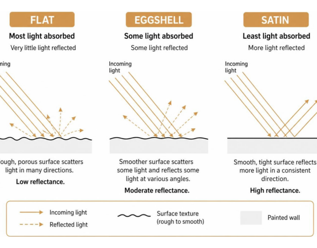 Diagram showing how flat, eggshell, and satin finishes absorb and reflect light rays